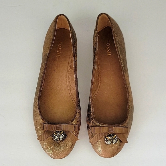 Fossil Burnished Leather Ballet Flats with Owl Charms Bronze Size 7 - Picture 4 of 12